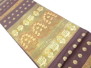 横段に草花・孔雀模様織出し袋帯